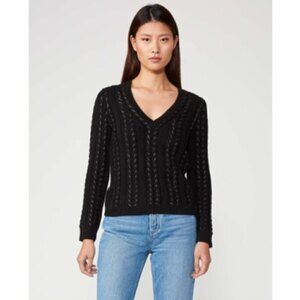 Paige Metallic Dorthea V-Neck Long Sleeve Cable Knit Sweater Black Size L NWT